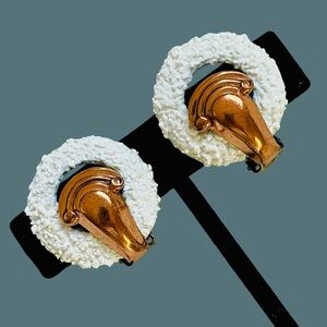 Vintage Signed Matisse Copper And White Sugar Enamel Clip Earrings
